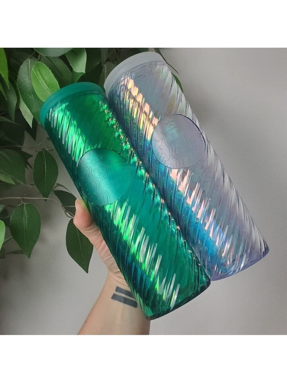 Starbucks Iridescent Tumbler Set Green White Unicorn Swirl New